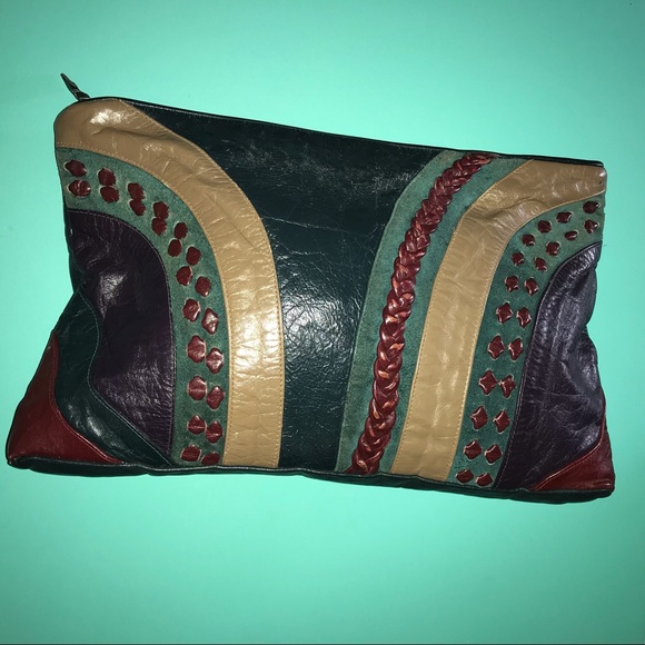 Gorgeous Bohemian Clutch Pouch Green Burgundy Tan Zippered Top - Picture 3 of 15